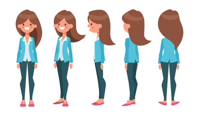 Young girl for animation. Front, side, back, 3/4 view character. Separate parts of body. Cartoon style, flat vector illustration.