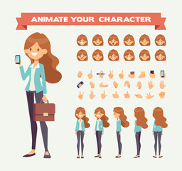  Front, side, back view animated character. Business woman character creation set with various views, hairstyles, face emotions, poses and gestures. Cartoon style, flat vector illustration.