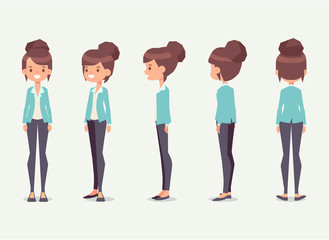 Fototapeta na wymiar Young woman for animation. Front, side, back, 3/4 view character. Separate parts of body. Cartoon style, flat vector illustration.