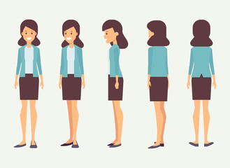 Fototapeta na wymiar Young woman for animation. Front, side, back, 3/4 view character. Separate parts of body. Cartoon style, flat vector illustration.