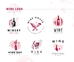 Collection of vector wine alcohol logo set isolated on white background. Hand drawn bottle, glass elements, icons. Perfect for restaurant, cafe, catering bars and winery hall insignia banners, symbols
