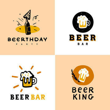 Collection of vector flat beer alcohol logo set isolated on white background. Hand drawn elements, dish icons. Perfect for restaurant, cafe, catering and bars insignia banners, symbols etc.