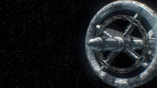 Great spaceship flies on the background of stars, 3d animation