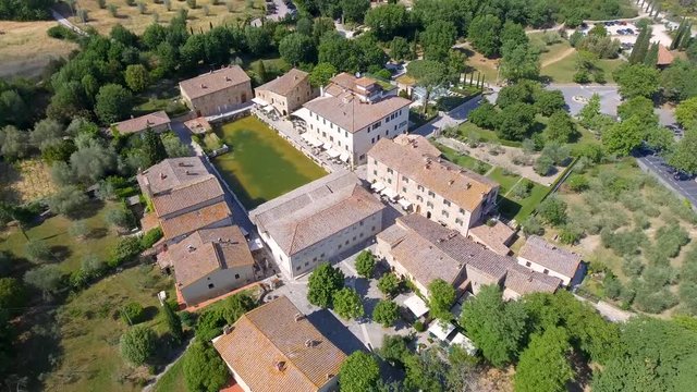 Bagno Vignoni aerial view, medieval Tuscany town in summer