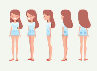 Obraz premium Pretty girl for animation. Front, side, back, 3/4 view character. Separate parts of body. Cartoon style, flat vector illustration.