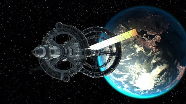 Departure from Earth. Great spaceship embarks on a big space journey, 3d animation. Texture of the Earth was created in the graphic editor without photos. The pattern of city lights furnished by NASA.