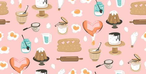 Hand drawn vector abstract modern cartoon cooking time fun illustrations icons seamless pattern with cooking equipment,cakes and food isolated on pink pastel background