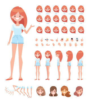 Front, side, back, 3/4 view animated character. Young girl character constructor with various views, face emotions, lip sync, poses and gestures. Cartoon style, flat vector illustration.