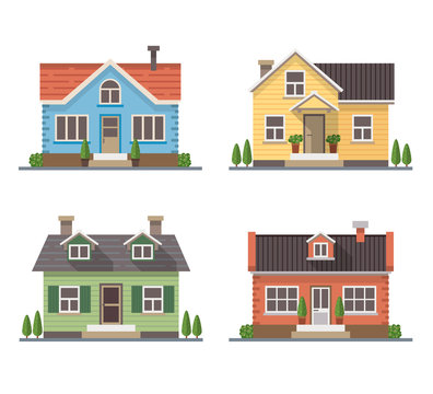 Set of 4 different residential houses - urban architecture. Vector illustration in flat style, isolated on white background