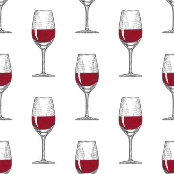 Hand Drawn Engraved Wineglass Seamless Pattern Background. Vector