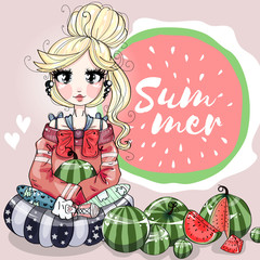 Cute girl with watermelon, cartoon character kids, summer banner, young fashion woman vector illustration