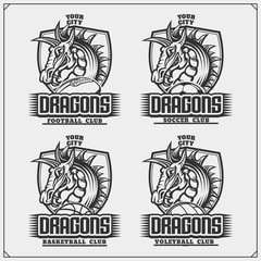 Volleyball, baseball, soccer and football logos and labels. Sport club emblems with dragon.