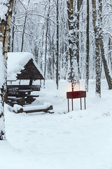 Barbecue house in a winter forest