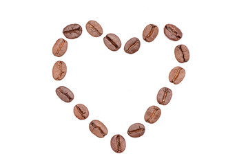 Coffee beans in heart shape white background isolated.