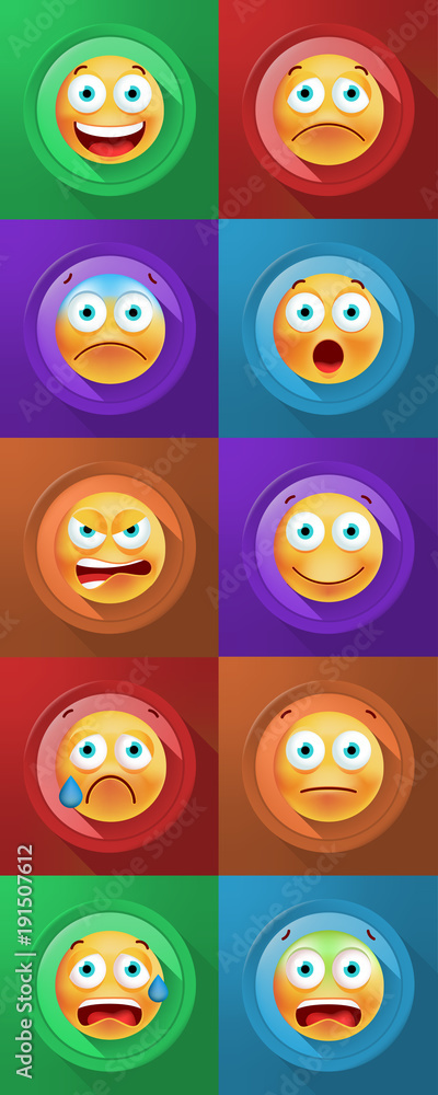 Aufkleber set of cute emoticons on color button on color background . isolated vector illustration