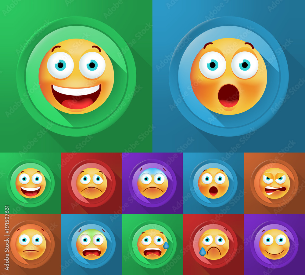 Poster set of cute emoticons on color button on color background . isolated vector illustration