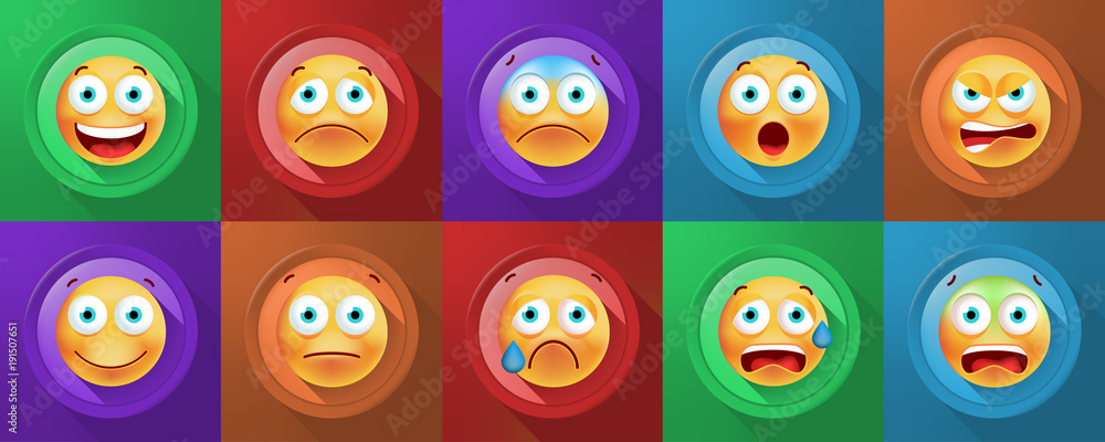 Poster set of cute emoticons on color button on color background . isolated vector illustration