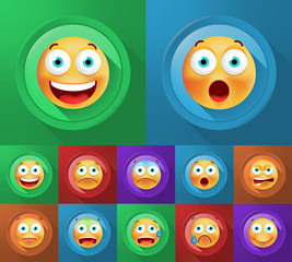 Set of Cute Emoticons on Color Button on Color Background . Isolated Vector Illustration 