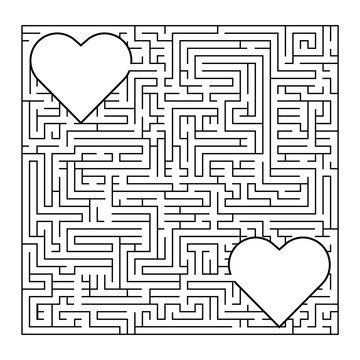 Complex maze puzzle game (high level of difficulty). 2 loving hearts in a labyrinth. Puzzle for St. Valentine Day (14 February) Find your true love