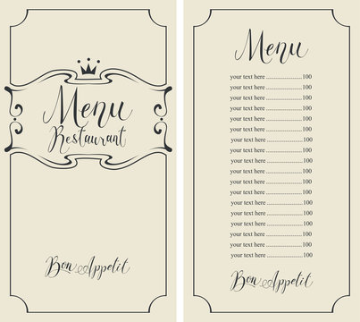 Vector menu for restaurant with handwritten inscriptions, crown, curlicues and price list in figured frame in retro style