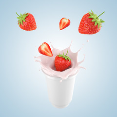 Strawberry falling into splashing milk or Yogurt Splash