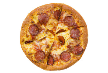 top view of pepperoni pizza isolated on a white background