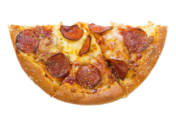 semicircle of pepperoni pizza isolated on white background