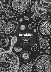 Chalkboard vertical breakfast top view illustration. Various food background. Engraved style illustration. Hero image. Vector illustration