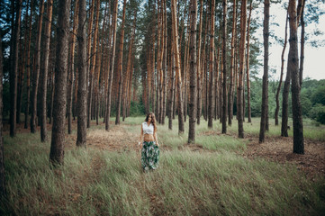 Obraz premium Agriculture day. Portrait of a long-haired woman with green wreath wearing in white blouse sitting on a stack of straw. The concept of harvesting, fertility, beer. and green skirt with field flowers.