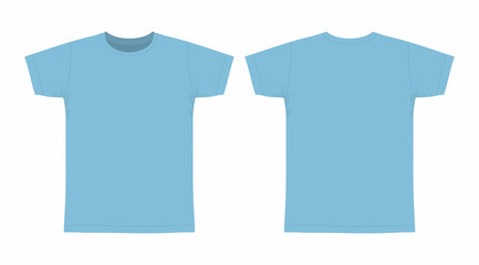Front and back views of men's blue t-shirt on white background