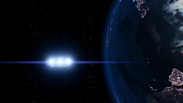 Spaceship flies past Earth and shining lights of engines, 3d animation. Texture of Earth was created in graphic editor without photos and other images. The pattern of city lights furnished by NASA.