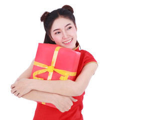 woman holding red gift box in concept of happy chinese new year isolated on a white background