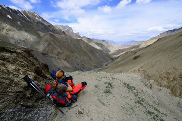 Trekking in the Markha valley in Karakorum mountains near Leh town
