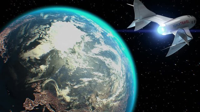 Fictional spaceplane on orbit of Earth, concept of spaceship for space tourism, 3d animation. Texture of Earth was created in graphic editor without photos. Pattern of city lights furnished by NASA