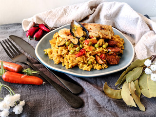Prawn with rice - closeup of prawn with rice - traditionnal spanish food paella