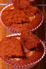 Freshly home baked chocolate cup cakes on a cooling rack