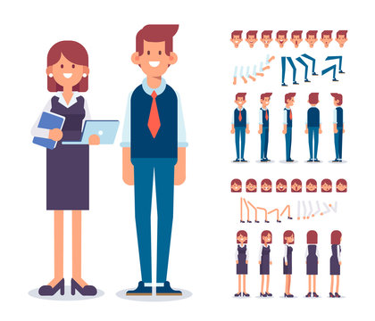 Male and female business people.  Flat Vector characters for your scenes. Character creation set with various views, face emotions. Parts of body template for design work and animation.