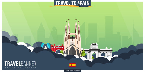Travel to Spain. Travel and Tourism poster. Vector flat illustration.
