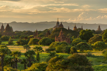 Beautiful sunrise over the ancient pagodas in Bagan, Myanmar