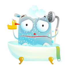 Little creature does not like bathing. Vector cartoon.