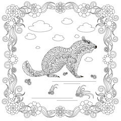 Monochrome doodle hand drawn marmot, clouds, flowers, frame. Anti stress stock vector illustration