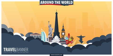 Around the world. Travel and Tourism poster. Vector flat illustration.