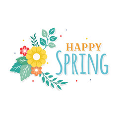 Happy Spring Text with Colorful Bouquet Flower Arrangement and Leaf Ornament