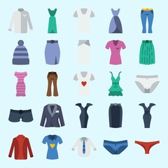 icons set about Women Clothes. with winter hat, shorts, dress, shirt, suit and skirt
