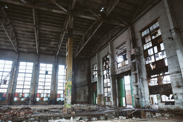 Abandoned ruined industrial factory building, ruins and demolition concept