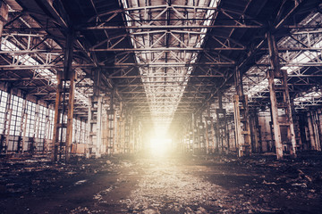 Abandoned ruined industrial factory building, ruins and demolition concept