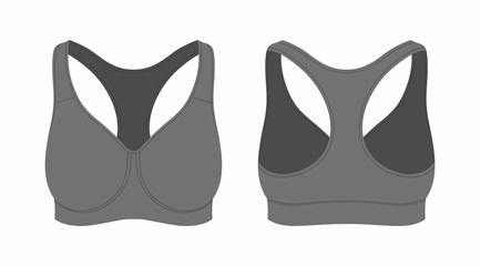 Front and back views of women's black sport bra on white background