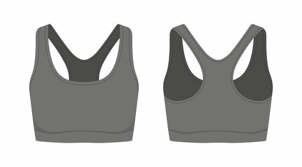 Front and back views of women's black sport bra on white background - obrazy, fototapety, plakaty