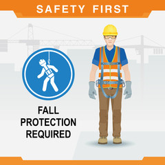 Safety at the construction site for high-altitude work. Fall protection required. Vector illustration