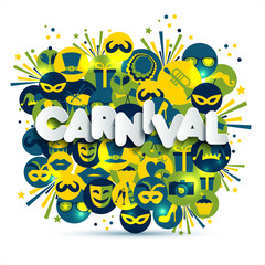 Bright vector carnival and sign Carnival illustration on multicolors icons. Carnival, spring, text of paper style.